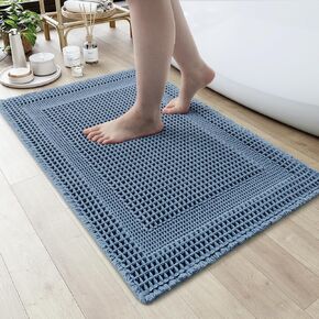 AMOAMI Waffle Bath-Mat, Absorbent Bath Mats for Bathroom Non Slip, Machine Washable Bathroom Rugs with Tassels Ultra Boho Soft Bath Rugs for Bathroom Floor 24''x72'' Blue