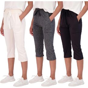Real Essentials 3-Pack: Women's Capri Open Bottom Soft Sweatpants with Drawstring (Available in Plus Size)