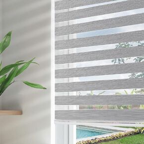 Joydeco 52 Inch Cordless Zebra Blinds for Windows, Privacy Light Filtering Dual Layer Grey Sheer Roller Shades for Home Office Bedroom