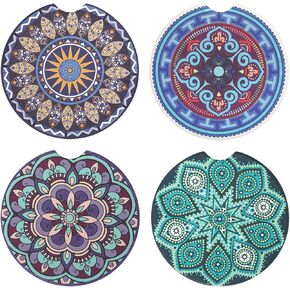 Vaincre 4 Pack 2.56 inch Car Coasters for Drinks Absorbent, Mandala Ceramic Car Cup Holder Coaster for Your Car with Fingertip Grip, Removable Cute Auto Accessories, Keep Car Clean for Women & Girls