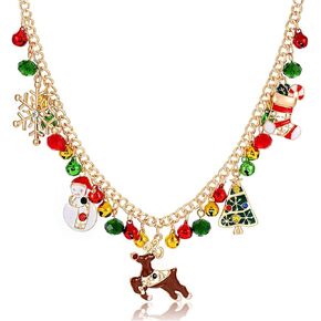 CEALXHENY Christmas Bell Necklaces X-Mas Tree Snowman Snowflake Pendant Necklaces Statement Chunky Chain Necklace for Women Girls Holiday Christmas Gift