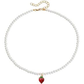 Cute Strawberry Pearl Beads Chain Choker Necklace for Women Goldtone Sweet Adorrable Pearls Beaded Clavicle Necklaces Lovely Fruit 3D Enamel Pendant Fresh Tropical Fruit Handmade Charm Holiday Jewelry Gifts