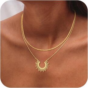 Gold Necklace for Women Layered Necklaces Dainty Pendant Choker Chain Necklace Stack 14K Gold Herringbone Necklaces for Women Trendy Gold Jewelry