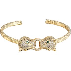 Ornaland 18K Gold Plated Open Cuff Bangle Green Cubic Zirconia Double Leopard Bracelet Adjustable Animal Bangle Bracelet for Women Jewelry Gift