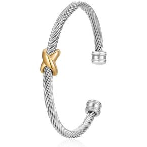 Stainless Steel Cuff Bracelet for Women - Two Tone Twisted Bangle Bracelet with Silver Cuff Knot - Adjustable, Vintage Design, Premium Silver Plated, Stackable, Bendable Size - Ideal Gift for Wife, Mother, Friend, or Sister