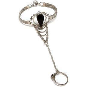 Mia Jewel Shop Teardrop Gemstone Healing Crystal Cabochon Silver Metal Cuff Harem Slave Bracelet with Adjustable Ring - Womens Fashion Handmade Jewelry Boho Accessories