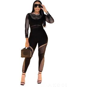 Women's Sexy Jumpsuit See Through Outfits Poster Girl Long Sleeve Bodycon Shoulder ClubGoing Dresses Black