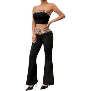 MakeMeChic Women's 2 Piece Outfit Leopard Print Tube Crop Top and Bell Bottom Flare Pants Set