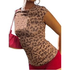 Floerns Women's 2 Piece Outfit Leopard Print Cap Sleeve Tee Shirts and Mini Shorts Set