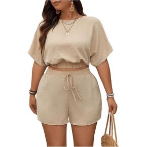 Women's Plus Size 2 Piece outfits Round Neck Short Sleeve crop tops Blouses and Knot Front Shorts Set