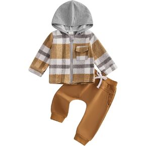 Kids Toddler Boys Girls Long Sleeve Button Down Hooded Plaid Shirt Hoodie Jacket+Solid Color Pant Outfit Fall Clothes