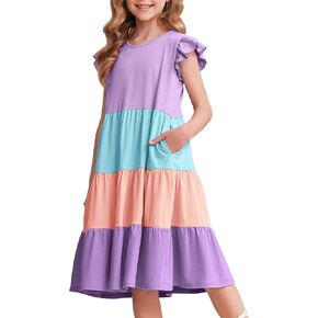 Arshiner Girl's Summer Dresses Ruffle Sleeve Tiered Swing Midi Casual Sundress with Pockets in Kuwait