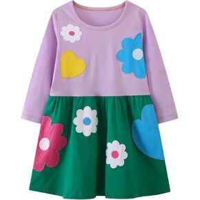 FreeLu Toddler Girls Christmas Dress Cartoon Appliques Long Sleeved Dresses Girls Cotton Casual Winter Clothing 2-7Y