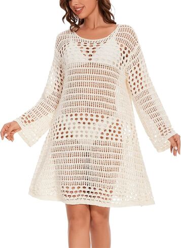 KEOMUD Women's Crochet Beach Dress 2024 Summer Hollow Out Swimsuit Cover Ups Long Sleeve Pool Mesh Bathing Suit Coverups in Saudi Arabia