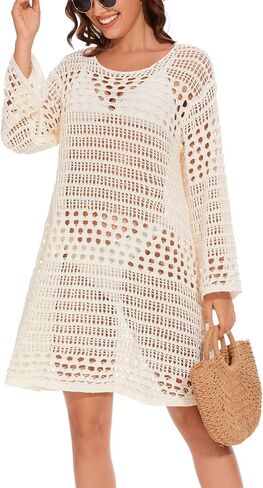 KEOMUD Women's Crochet Beach Dress 2024 Summer Hollow Out Swimsuit Cover Ups Long Sleeve Pool Mesh Bathing Suit Coverups in Saudi Arabia