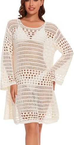KEOMUD Women's Crochet Beach Dress 2024 Summer Hollow Out Swimsuit Cover Ups Long Sleeve Pool Mesh Bathing Suit Coverups in Saudi Arabia