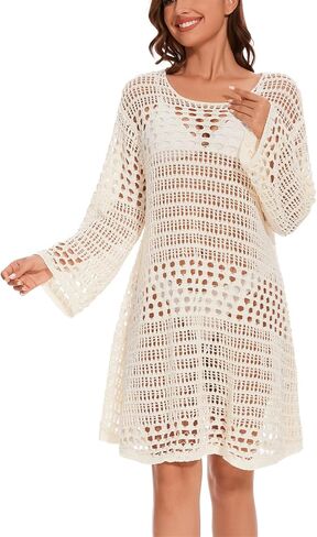 KEOMUD Women's Crochet Beach Dress 2024 Summer Hollow Out Swimsuit Cover Ups Long Sleeve Pool Mesh Bathing Suit Coverups in Saudi Arabia