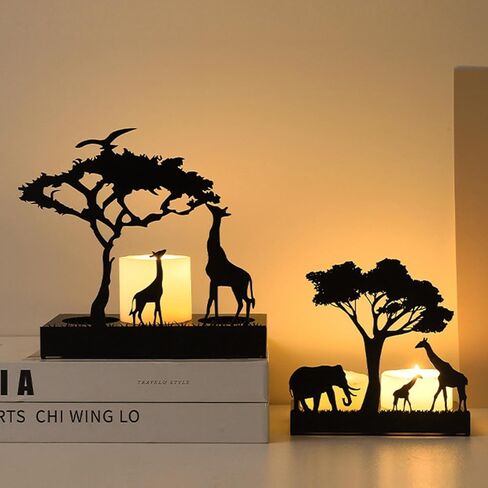 Nordic Leisure Style Creative Metal Candlestick Ornaments, Animal Candlestick Holde, Black Candle Holder for Living Room Table Decor, Wedding - Christmas, Giraffe+Elephant in Saudi Arabia
