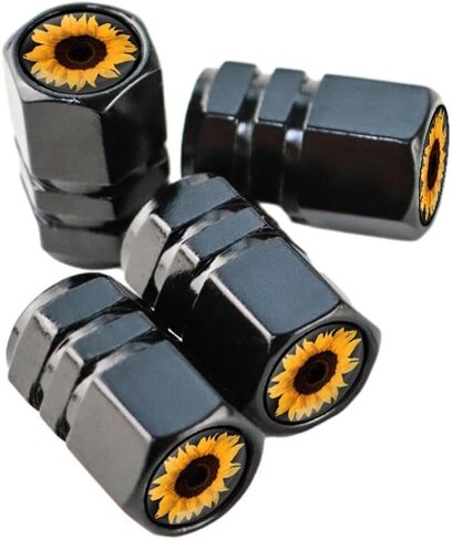 4Pcs Black Sunflower Tire Valve Stem Caps Cover, Metal Air Valve Cap, Aluminum Car Wheel Stem Caps, Universal Stem Covers for Cars, Motorcycles, for Bicycles, Corrosion Resistant Tire Valve Stem Caps in Kuwait