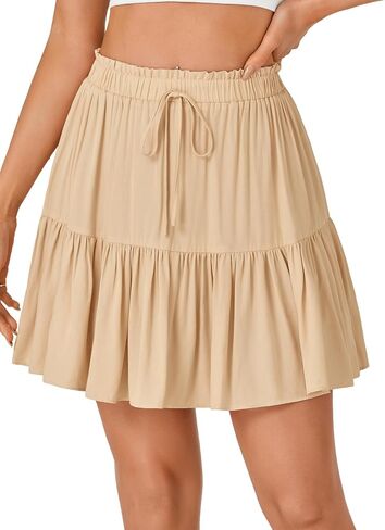 LYANER Women's Elastic Waist Knot Pleated Layered Ruffle Hem Flowy A Line Short Skirt in Saudi Arabia