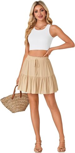 LYANER Women's Elastic Waist Knot Pleated Layered Ruffle Hem Flowy A Line Short Skirt in Saudi Arabia
