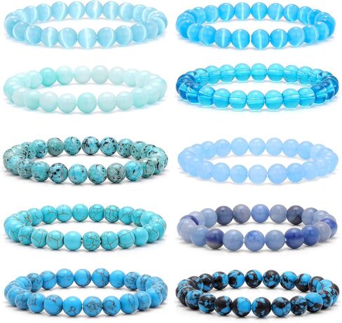 10Pcs 8mm Gemstones Beaded Stretch Bracelet for Women Men Healing Crystal Natural Stone Bracelets Round Beads Semi-Precious Adjustable Bracelet Set Unisex in Saudi Arabia