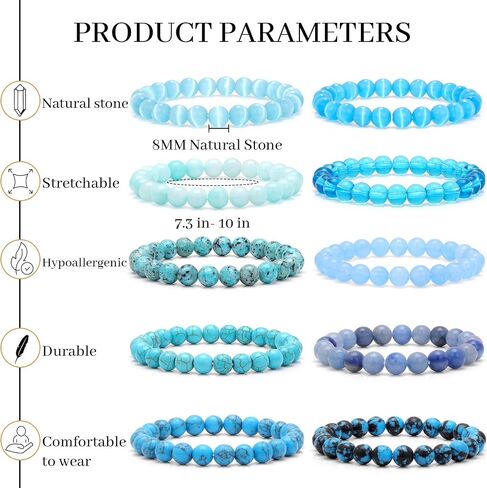 10Pcs 8mm Gemstones Beaded Stretch Bracelet for Women Men Healing Crystal Natural Stone Bracelets Round Beads Semi-Precious Adjustable Bracelet Set Unisex in Saudi Arabia