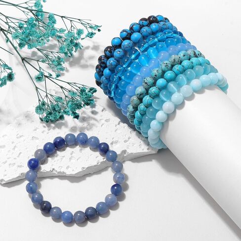 10Pcs 8mm Gemstones Beaded Stretch Bracelet for Women Men Healing Crystal Natural Stone Bracelets Round Beads Semi-Precious Adjustable Bracelet Set Unisex in Saudi Arabia