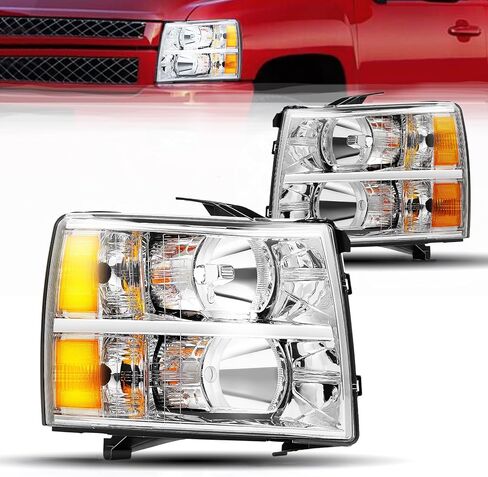 CAPSER Headlight Assembly Compatible with 2007-2014 Chevy Silverado 1500 2500HD 3500HD A Pair Amber Reflector Chrome Lined Clear Lens Driver and Passenger Side(OE style) in Saudi Arabia