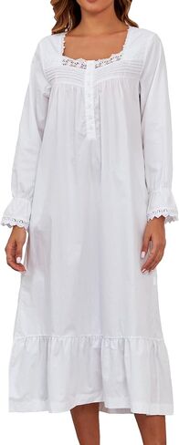 100% Cotton Nightgowns For Women Victorian Night Gown Long Sleeve House Dress With Pockets S-3XL in Kuwait
