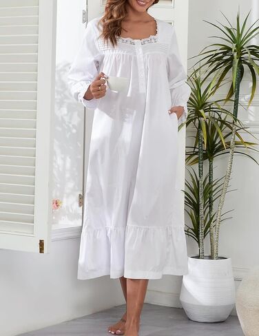 100% Cotton Nightgowns For Women Victorian Night Gown Long Sleeve House Dress With Pockets S-3XL in Kuwait