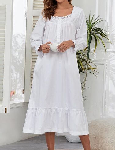 100% Cotton Nightgowns For Women Victorian Night Gown Long Sleeve House Dress With Pockets S-3XL in Kuwait