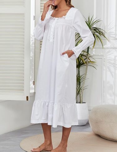 100% Cotton Nightgowns For Women Victorian Night Gown Long Sleeve House Dress With Pockets S-3XL in Kuwait