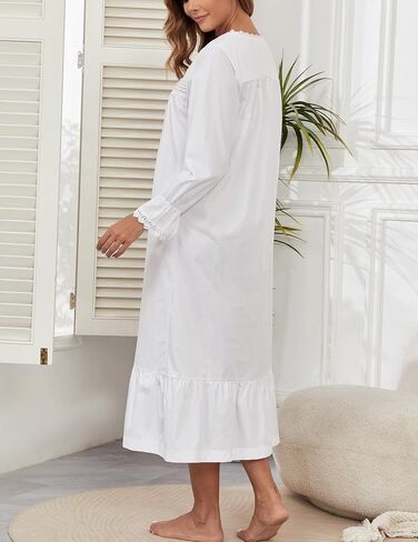 100% Cotton Nightgowns For Women Victorian Night Gown Long Sleeve House Dress With Pockets S-3XL in Kuwait