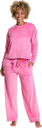 bebe Women's Velour Rhinestone Crewneck Pajama Set – Long Sleeve Cozy Lounge Set with Elastic Waist Pants in Saudi Arabia