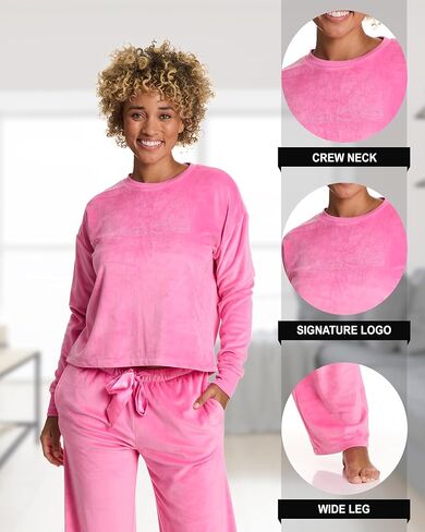 bebe Women's Velour Rhinestone Crewneck Pajama Set – Long Sleeve Cozy Lounge Set with Elastic Waist Pants in Saudi Arabia