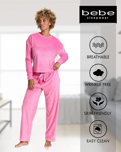 bebe Women's Velour Rhinestone Crewneck Pajama Set – Long Sleeve Cozy Lounge Set with Elastic Waist Pants in Saudi Arabia