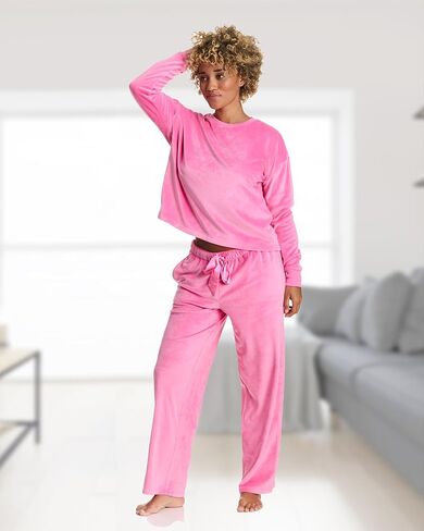 bebe Women's Velour Rhinestone Crewneck Pajama Set – Long Sleeve Cozy Lounge Set with Elastic Waist Pants in Saudi Arabia