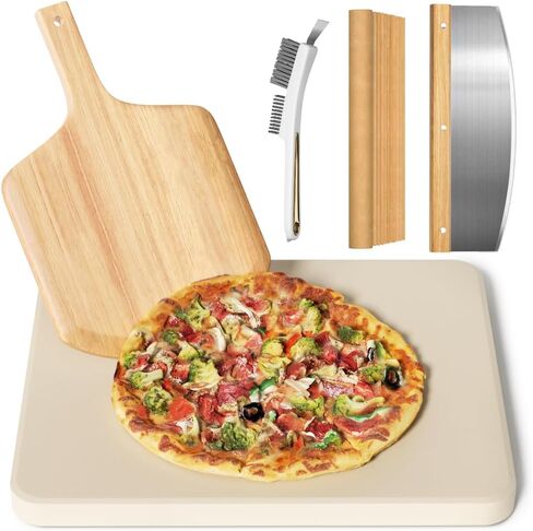 4 PCS Rectangle Pizza Stone Set, 15" Large Pizza Stone for Oven and Grill with Pizza Peel(OAK), Pizza Cutter & 10pcs Cooking Paper for Free, Baking Stone for Pizza, Bread in Kuwait