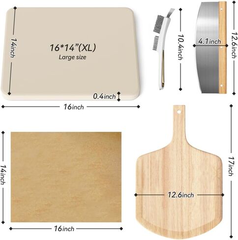 4 PCS Rectangle Pizza Stone Set, 15" Large Pizza Stone for Oven and Grill with Pizza Peel(OAK), Pizza Cutter & 10pcs Cooking Paper for Free, Baking Stone for Pizza, Bread in Kuwait