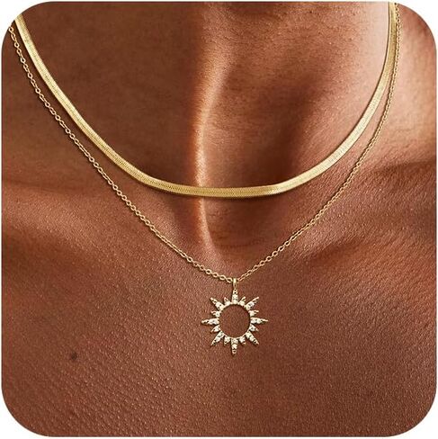 Gold Necklace for Women Layered Necklaces Dainty Pendant Choker Chain Necklace Stack 14K Gold Herringbone Necklaces for Women Trendy Gold Jewelry in Saudi Arabia