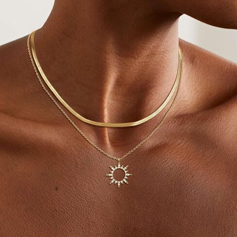Gold Necklace for Women Layered Necklaces Dainty Pendant Choker Chain Necklace Stack 14K Gold Herringbone Necklaces for Women Trendy Gold Jewelry in Saudi Arabia