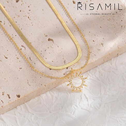 Gold Necklace for Women Layered Necklaces Dainty Pendant Choker Chain Necklace Stack 14K Gold Herringbone Necklaces for Women Trendy Gold Jewelry in Saudi Arabia