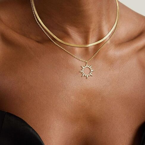 Gold Necklace for Women Layered Necklaces Dainty Pendant Choker Chain Necklace Stack 14K Gold Herringbone Necklaces for Women Trendy Gold Jewelry in Saudi Arabia