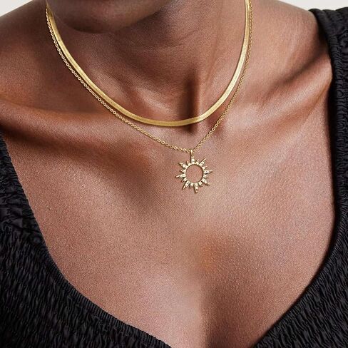 Gold Necklace for Women Layered Necklaces Dainty Pendant Choker Chain Necklace Stack 14K Gold Herringbone Necklaces for Women Trendy Gold Jewelry in Saudi Arabia
