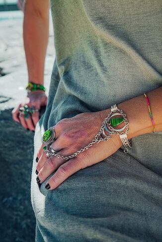 Mia Jewel Shop Teardrop Gemstone Healing Crystal Cabochon Silver Metal Cuff Harem Slave Bracelet with Adjustable Ring - Womens Fashion Handmade Jewelry Boho Accessories in Saudi Arabia