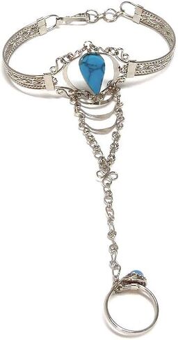 Mia Jewel Shop Teardrop Gemstone Healing Crystal Cabochon Silver Metal Cuff Harem Slave Bracelet with Adjustable Ring - Womens Fashion Handmade Jewelry Boho Accessories in Saudi Arabia