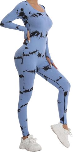 JBT Women Tie Dye Long Sleeve Ribbed Bodycon Romper Fitted One Piece Jumpsuit Seamless Stretch Casual Bodysuit in Saudi Arabia