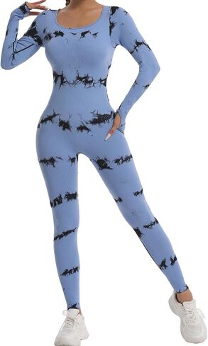 JBT Women Tie Dye Long Sleeve Ribbed Bodycon Romper Fitted One Piece Jumpsuit Seamless Stretch Casual Bodysuit in Saudi Arabia