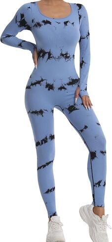 JBT Women Tie Dye Long Sleeve Ribbed Bodycon Romper Fitted One Piece Jumpsuit Seamless Stretch Casual Bodysuit in Saudi Arabia